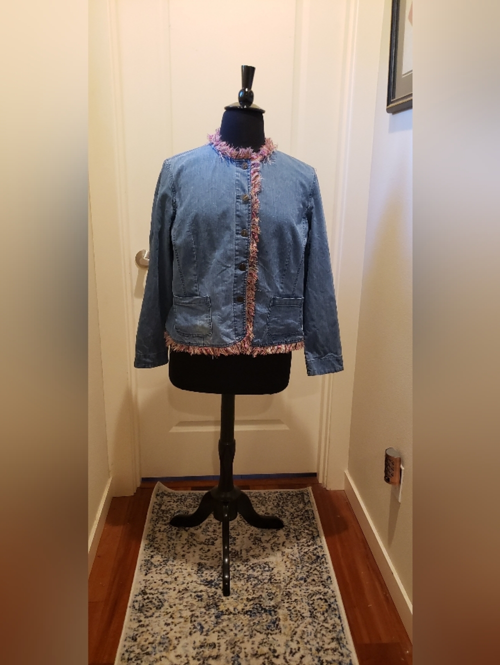 Hearts Of Palm Light Wash Denim Jacket with Pink Multicolor Fringe